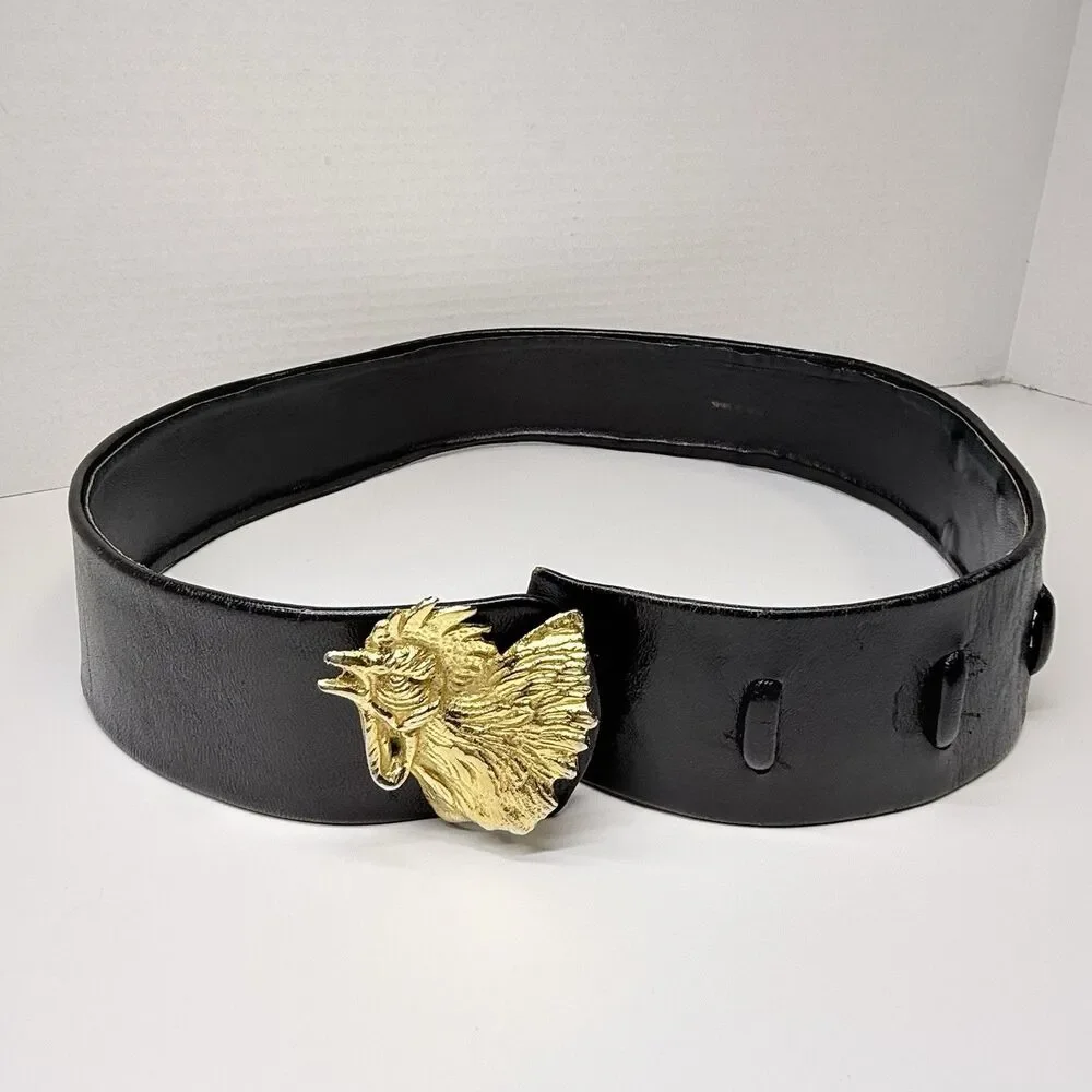 Vintage Hand Made In Italy Gold Metal Rooster Head Buckle On Black Leather Belt
